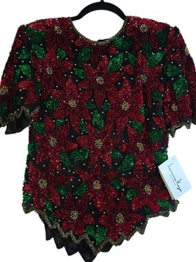 Laurence Kazar Deadstock NWT Silk Beaded Poinsettia Top PM Black Red Green